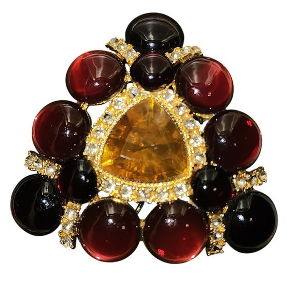 Jewelry - VTG Geometric Brooch Red  Yellow Gold Tone Acrylic Lucite Statement Piece
